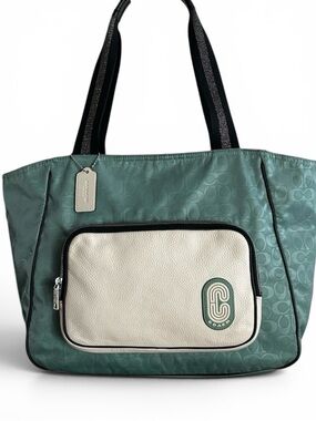 COACH Court Color Block Nylon in Washed Green w/Leather Trim Zip Top Tote Bag